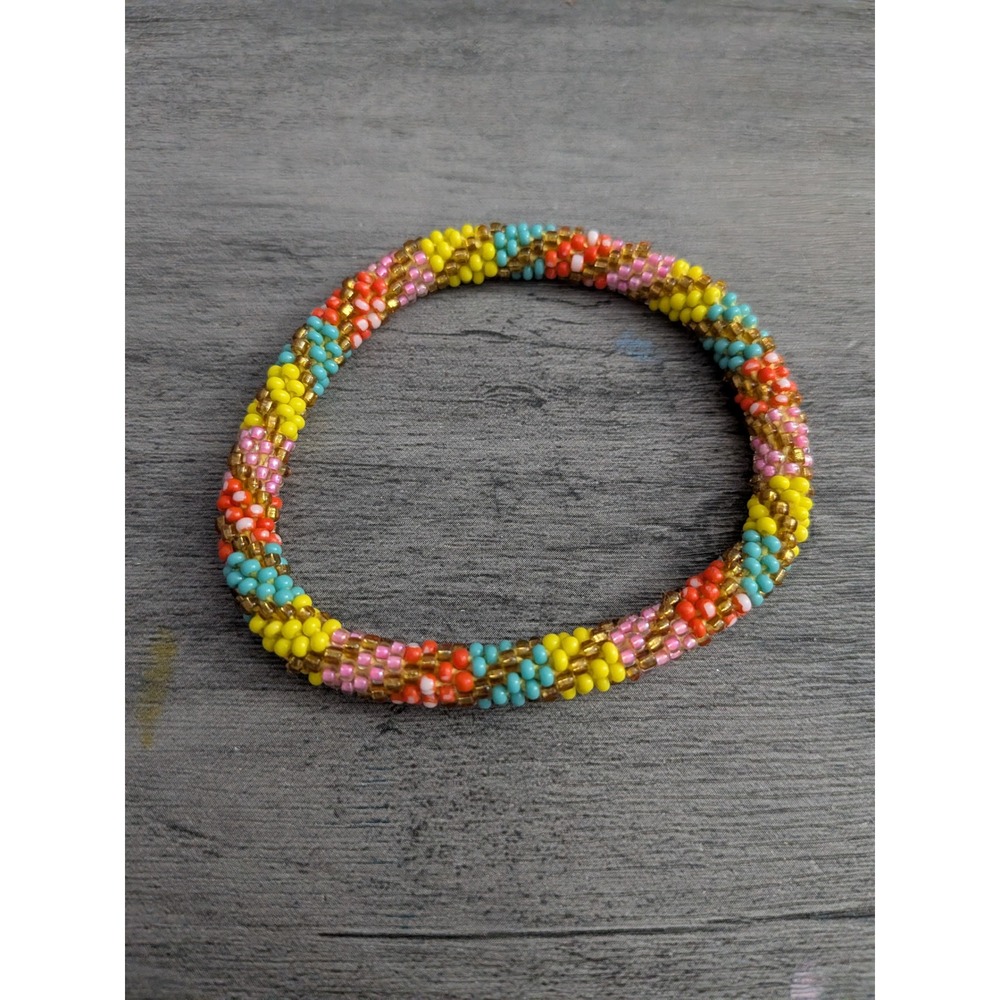 Multicolor Glass Seed Bead Roll On Bracelet Boho Crochet Bangle Spiral Pattern